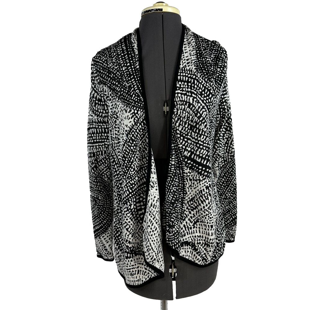 Neiman Marcus Cardigan L Open Front Abstract Boho Art Preppy Cozy Cotton Blend